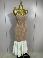 Shane strapless diamond and pearl bodycon mermaid dress for prom, evening parties, or red carpet events.