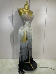 Jini sexy side split diamond pearl tassel mesh see-through long dress for evening gala styling