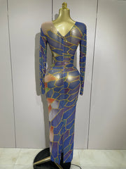 Jamie luxury sparkly rhinestone sheer mesh long dress with stretchy bodycon fit for evening party and stage wear