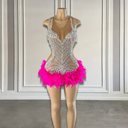 Hot Pink Feather Luxury Diamond Birthday Dress