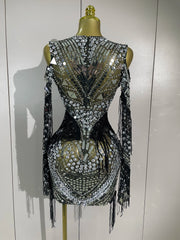 Candice sparkling diamond sequin tassel long sleeve sheer mesh mini dress for women party night out