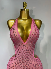 Shine in this rhinestone halter mesh split maxi dress. Sexy backless party dress for birthdays, stage shows, cocktail parties, and evening events.