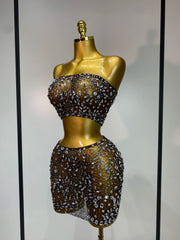 Sherry rhinestone sheer two piece gown set for women. Sexy luxury outfit for birthdays, nightlife, and evening parties.