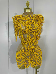 Sexy Fashion Short Dress Mesh Designer Rhinestones Chain Stage Costume 2025 Women Nightclub Celebrate Party Performance Outfit