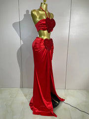 Danita two-piece outfit featuring a halter crop top and matching long maxi skirt for an elegant party look