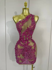 Kelly sexy one shoulder sparkly rhinestone mesh see through mini dress