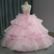 Pink Sleeve Crystal Quinceañera Dress