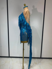 Christy blue mesh mini dress with sapphire rhinestones and cascading tassels for a sparkly evening look.