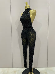 Journee wearing a luxury sparkly black diamond mesh see through jumpsuit.
