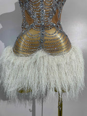 Women Sparkly Diamonds Tassel Sexy Strapless Mesh Sheer Mini Dress Eveing Luxury Birthday Party Singer Nightclub Stage Costume