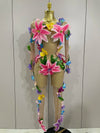 Women’s nude mesh rhinestone 3D flower jumpsuit for birthday parties, nightclubs, evening events, and stage performances