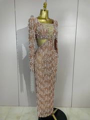 Jennifer luxury pearl beading chain long sleeve bodycon maxi dress for evening and party events.