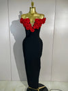 Astrid red off-shoulder bandage maxi dress featuring dimensional 3D floral embellishments and a fitted bodycon silhouette