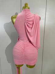 Jenika off shoulder ruched mesh tassel bodycon mini dress for women. Elegant party outfit for prom, birthdays, and evening events.