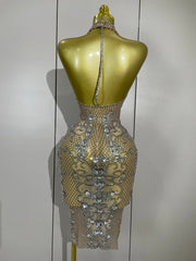 sparkly crystal diamond see-through stretch mesh dress, perfect for nightclub, stage performance, evening, and birthday parties.