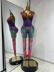 Debra sparkly rhinestone colorful print mesh halter backless jumpsuit for festival and party styling