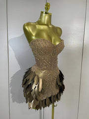 Shai strapless sheer mesh mini dress with sparkling rhinestone leaf embellishments