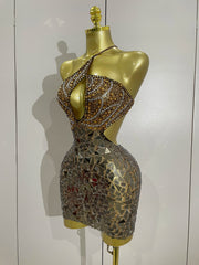 Maya sparkly rhinestones mirror mesh mini dress, sexy hollow-out luxury women’s party outfit 2025.