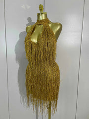 Rhaena Shiny Gold Rhinestone Tassel Mini Dress