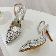 Elegant Pointed Toe Slingback Stiletto Sandals Crystal Diamonds Women Pumps High Heels