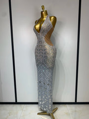 Charm sparkly rhinestone halter mesh v neck backless dress