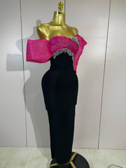 Lashae off shoulder diamond bodycon bandage maxi dress for women. Elegant party outfit for cocktails, birthdays, and evening events.