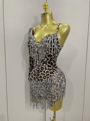 Turn heads in the Daniela leopard print rhinestone tassel mini dress. One-shoulder stretch party dress for birthdays, clubs, and special events.
