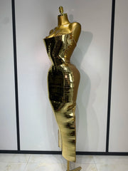 Vanessa luxury gold crystal strapless bodycon dress with shimmering sequins and elegant fit.