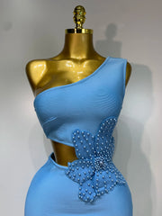 Claire sky blue one shoulder pearl bodycon bandage dress – luxury birthday and evening outfit.