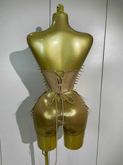 Women Sexy Evening Party Birthday Nightclub Stage Costume Luxury Sparkly Gold Diamonds Sequins Crop Top Shorts Two Pieces Set