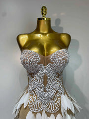 Elegant Pearl Dress Sexy Transparent Mesh Maxi Long Dresses Women Evening Party Wedding Gown Red Carpet Celebrity Stage Outfit