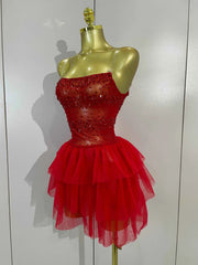 Laura Sparkly Red Rhinestone Strapless Mesh Mini Dress for Women