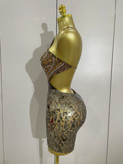 Maya sparkly rhinestones mirror mesh mini dress, sexy hollow-out luxury women’s party outfit 2025.