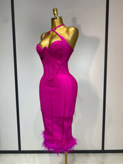 Luxury sleeveless feather backless midi dress with elegant bodycon fit for birthday or evening wear.