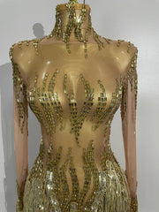 Nina sexy sparkly rhinestone golden sequins tassel mesh dress for women party evening
