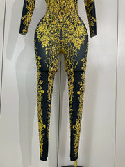 Minchie luxury sparkly diamonds print long sleeve stretch jumpsuit for women party night out