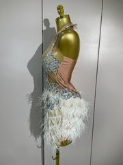Shine in the Lasha luxury rhinestone feather mesh patchwork mini dress. Elegant party dress for birthdays, cocktails, and special occasions.