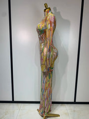 sparkly rhinestone mesh see-through jumpsuit, designed for stage, nightclub, performance, and party outfits.