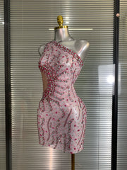 Sandy one shoulder crystal mesh bodycon mini dress for women. Sexy sparkly outfit for nightlife, stage performances, and parties.