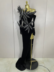 Shiny diamond velvet side slit long dress with gloves – elegant women’s evening gown for birthday, banquet, nightclub, and stage hosting.