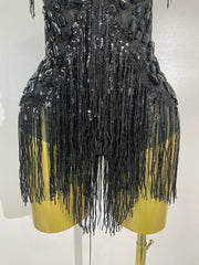 Sparkly rhinestone sequin tassel mesh stretch bodysuit for women’s party, birthday, and stage wear.