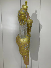 Kamryn luxury diamond tassel mesh see-through dress for women’s evening, birthday, or stage performances.