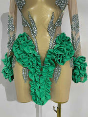 2026 New Sparkly Rhinestone Ruffled Long Sleeves See-Through Mini Dress Women Birthday Eveing Party Sexy Nightclub Stage Costume