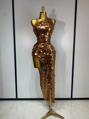 Carmen gold sequin one-shoulder high-slit bodycon dress for evening parties, cocktail events, or club celebrations.