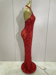 Avery sparkly rhinestones halter mesh long prom dress with gloves for women.