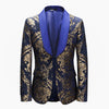 Men’s blue and gold floral jacquard tuxedo with shawl lapel and matching pants for formal or wedding wear