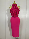 Kairi halter backless bodycon dress with 3D flower appliqués for women’s birthday, cocktail, or stage wear.
