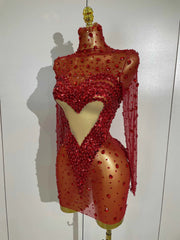 Women Red Sparkly Diamonds Sequins Mesh See Through Long Sleeves Mini Dress Eveing Birthday Party Sexy Nightclub Stage Costume