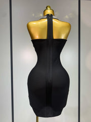 Nyra backless black bandage mini dress featuring a bodycon fit and hand-applied sparkly diamond embellishments.