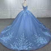 Blue Illusion lace Quinceanera Ball Dresses